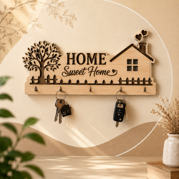 3dd9827f-665b-46cb-87cf-c8eca6073d8e Wooden Home Sweet Home Wall Mounted Key Holder with Hooks | Decorative Key Organizer