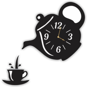 Avatar Decor Teapot and Cup Wall Clock – Modern Black Decorative Kitchen Clock – Unique Tea-Themed Wall Decor for Dining Room, Cafe or Home – Silent Non-Ticking Quartz Movement