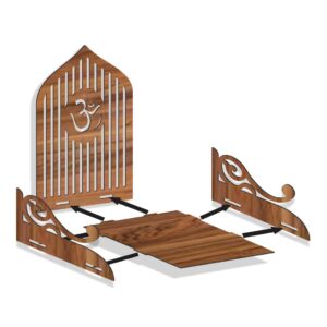 Adfusion Graphics Wooden Temple Wall Shelf with Om Symbol, Decorative Mandir for Home, Brown