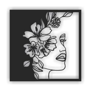 Lady Mandal Metal Wall Art by Laserwall – One Line Woman Face with Floral Design – Modern Continuous Line Art for Nursery, Bedroom, Office – Large Black Minimalist Wall Decor