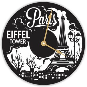 Paris Eiffel Tower Wall Clock, Black and White Design, Round Decorative Clock
