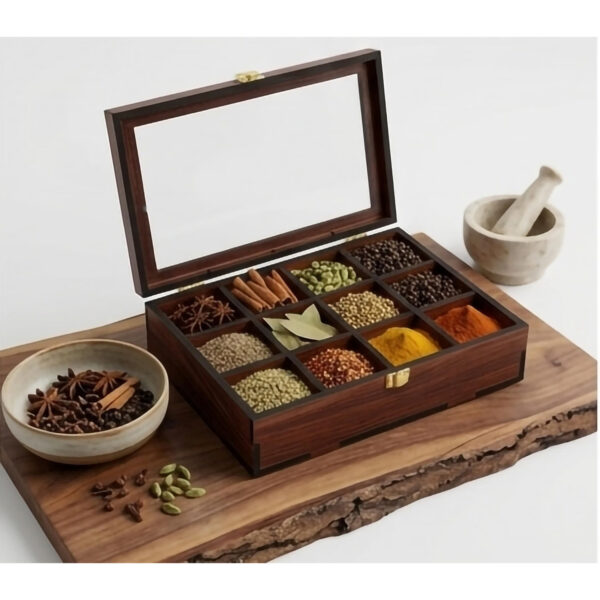 Wooden Spice Box with Compartments – Traditional Kitchen Masala Organizer