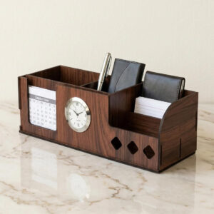 Pen Holder Stand with Clock, Calendar, Business Visiting Card & Mobile Holder | Multipurpose Desk Organizer for Office Desk and Gifting