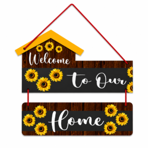 Adfusion Graphics Sunflower Welcome To Our Home Wooden Wall Hanging – Rustic Floral Entrance Decor
