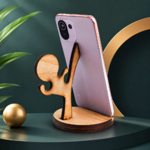 Wooden mobile stand holder with laser cut design for desk