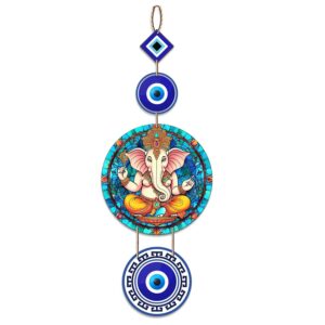 Designer Ganesh Ji Wooden Wall Hanging for Home Decor | Hamsa Hand Decoration for Livingroom | Modern Artworks Items | Peace Charm Door Accent Decorative Hangings (Blue)
