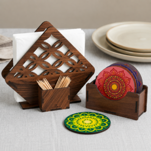 Premium MDF Wooden Napkin Holder and Coaster Set of 6 with Holder | Ethnic Indian Art Multicolor Tea & Coffee Coasters for Table | Heat Resistant Waterproof Drink Coasters with Napkin Holder