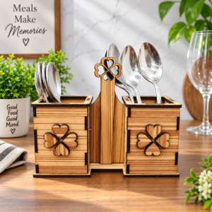 Wooden cutlery holder with two compartments and decorative clover heart design