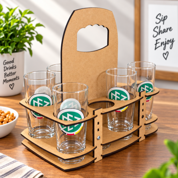8 slot wooden glass holder with handle for serving drinking glasses