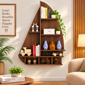 Wooden wall mounted bookshelf with multiple open shelves for books and decor