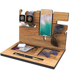 Wooden desk docking station and multifunctional organizer for phone watch sunglasses wallet