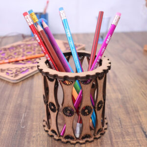 Decorative wooden pencil holder and pen stand with floral cutwork