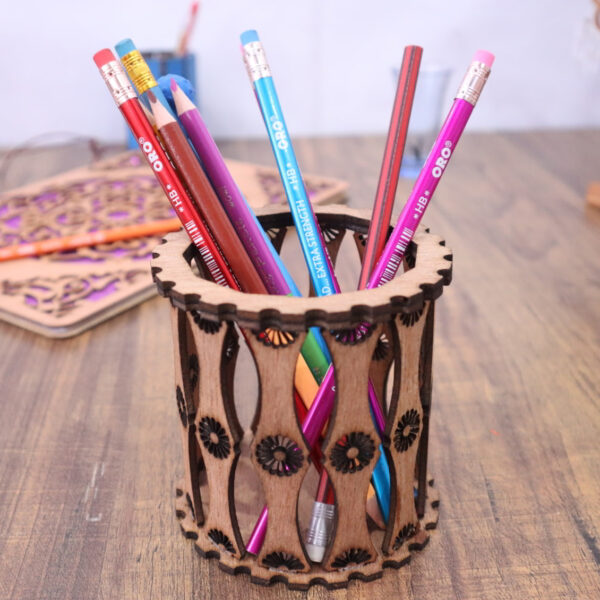 Decorative wooden pencil holder and pen stand with floral cutwork